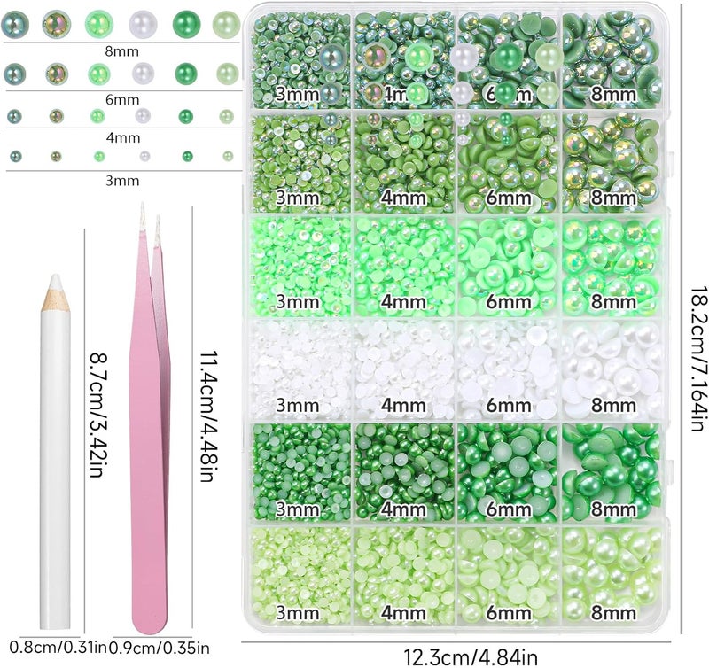 Cynailli Green Flatback Pearls for Crafting, 3/4/6/8mm Flatback Nail Pearls for Nails Art, Half Round ABS Green White Pearl Beads Gems for Nails Art DIY Crafting Face Hair Manicure DIY - Image 2